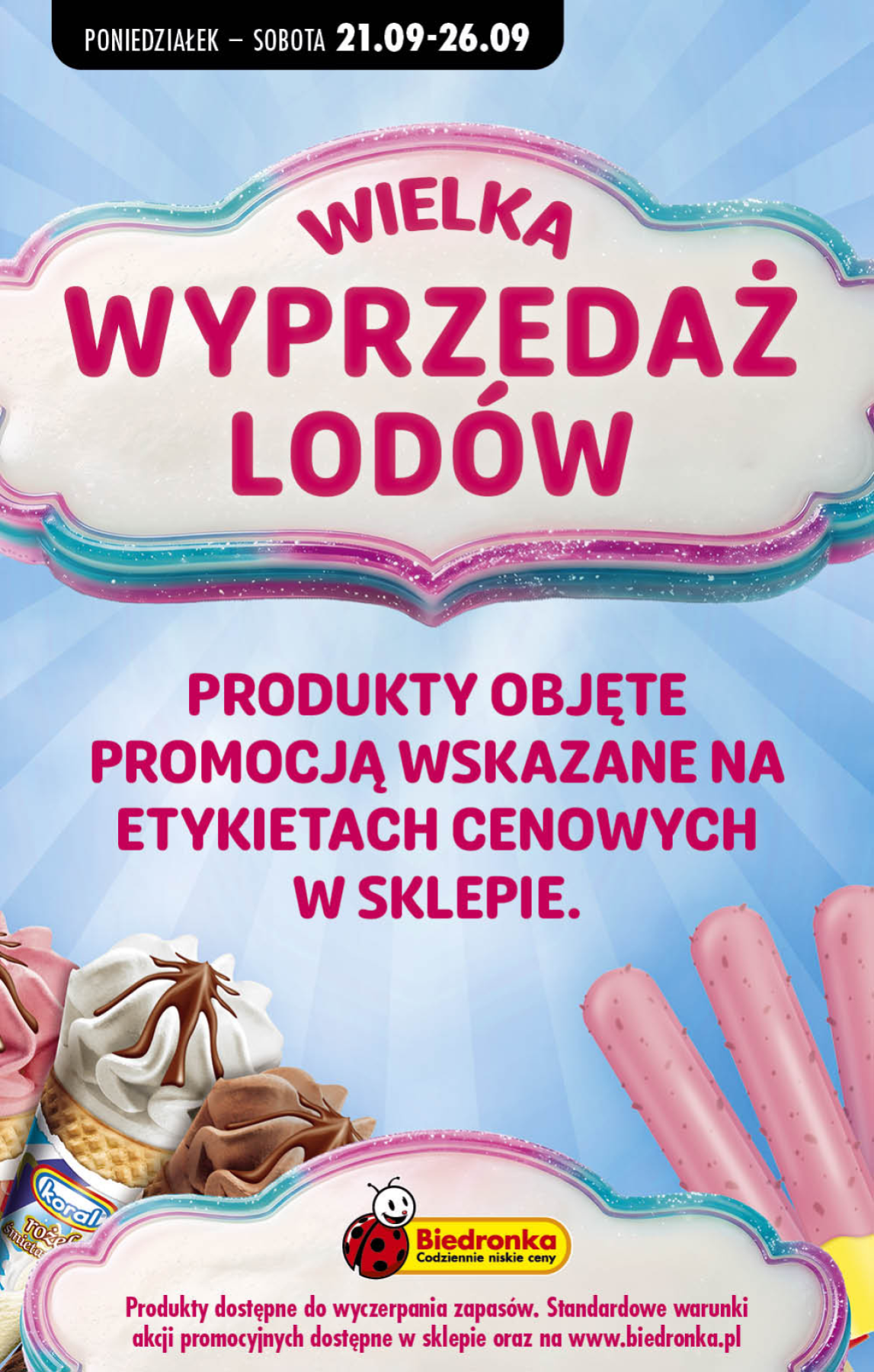 biedronka - Aktuální Biedronka - Wielka wyprzedaż lodów leták platný od pondělí 21.09.2026 do soboty 26.09.2026
