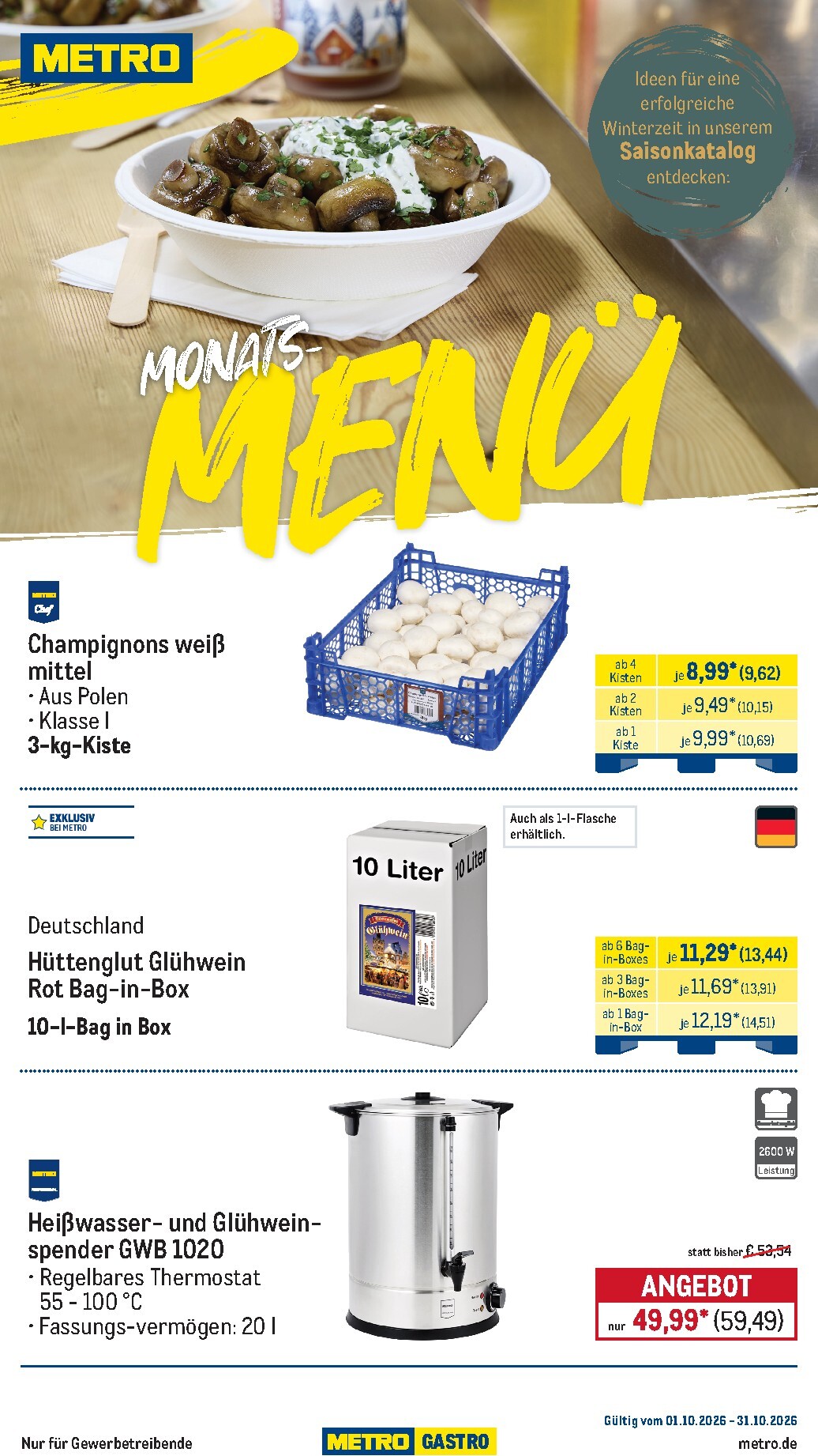 metro - Metro - Monats-Menü Prospekt nächste Woche – von Donnerstag 01.10.2026 bis Samstag 31.10.2026