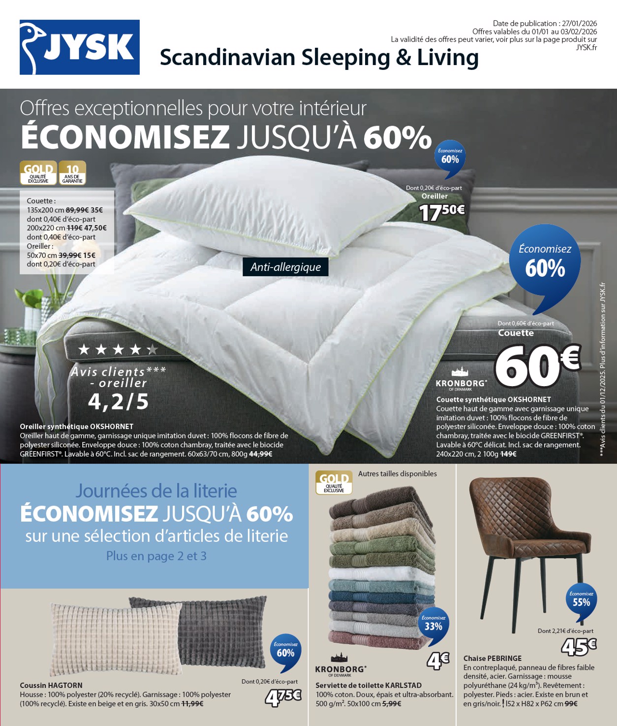 jysk - Catalogue JYSK - Offres exceptionnelles valable du 01/01 au 03/02 - page: 1