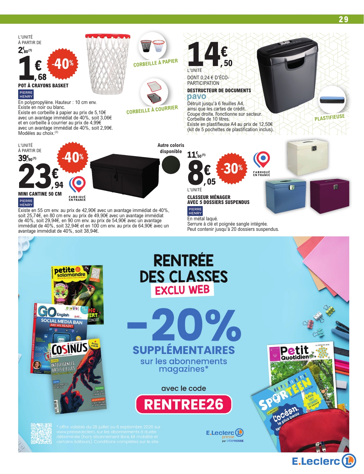 e-leclerc - Flyer E.Leclerc - Rentrée des Classes pour la semaine prochaine du du mardi 28/07/2026 au du samedi 29/08/2026 - page: 29