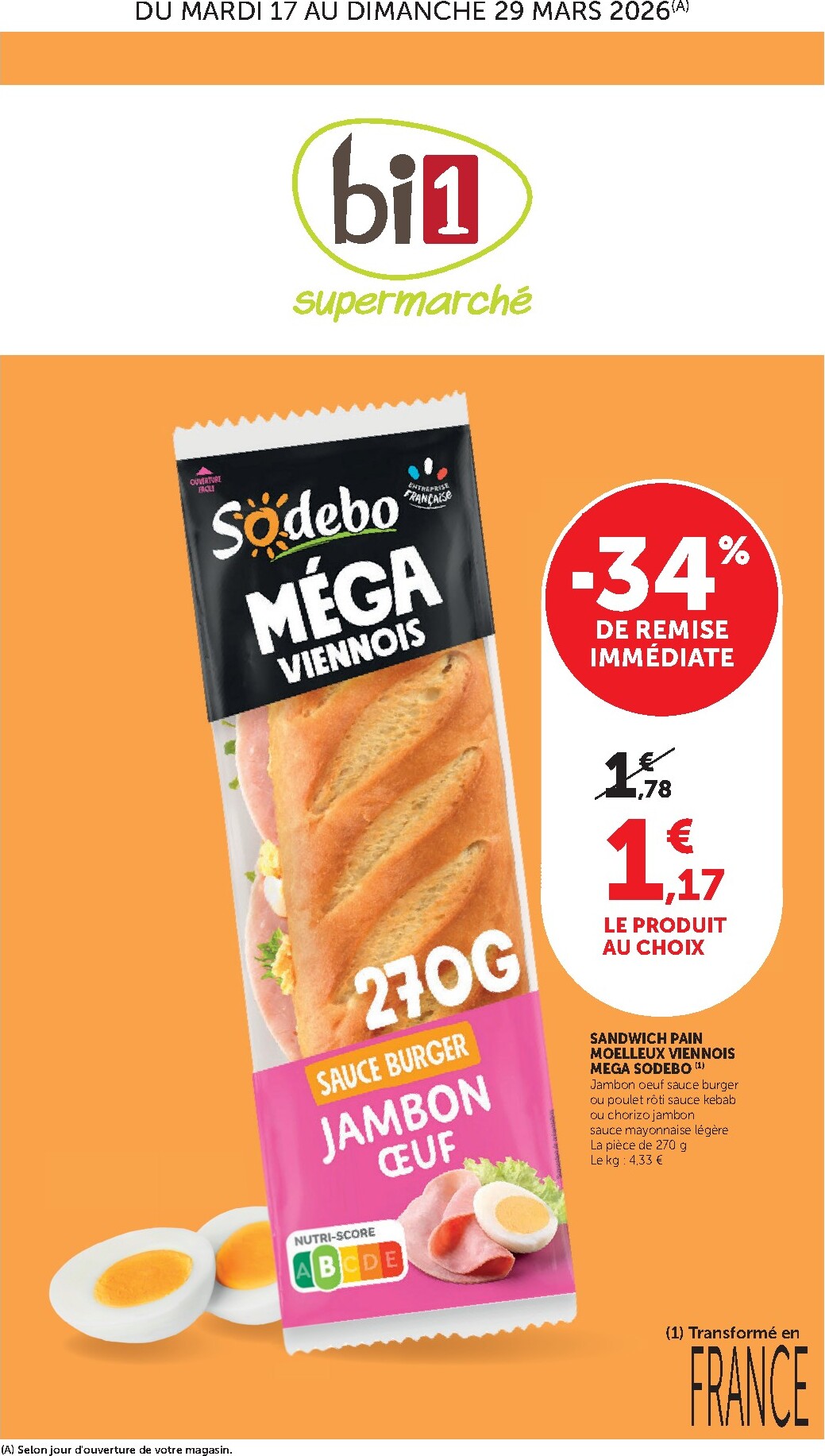 bi1 - Catalogue Bi1 Supermarché - Chaource, Voujeaucourt, Lavans-les-Saint-Claude, Salins-les-Bains, La Pacaudière, Lormes, Saint-Pierre-le-Moûtier, La Clayette, Louhans, Verdun-sur-le-Doubs, Ancy-le-Franc, Bléneau valable du 17/03/2026 au 29/03/2026