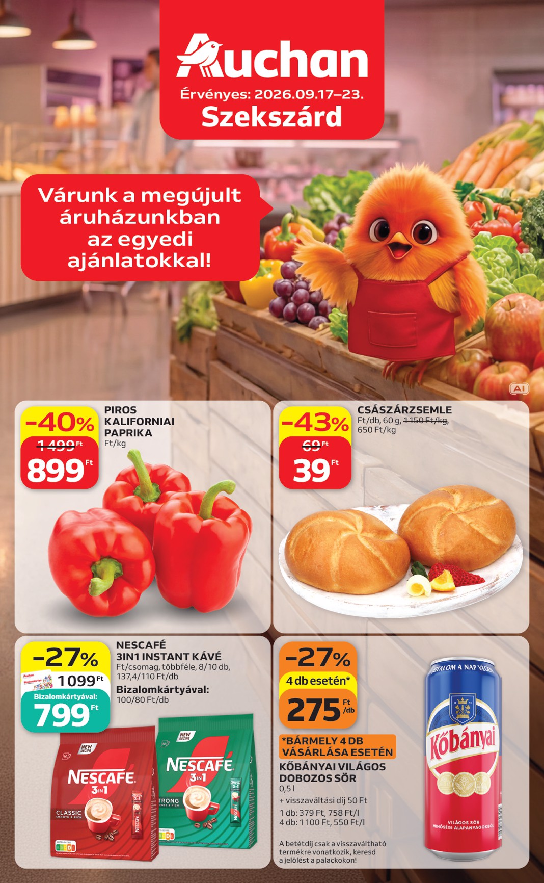auchan - A jövőbeli Auchan Szupermarket Szekszárd akciós újság csütörtöktől 2026.09.17.-tól szerdától 2026.09.23.-ig érvényes.