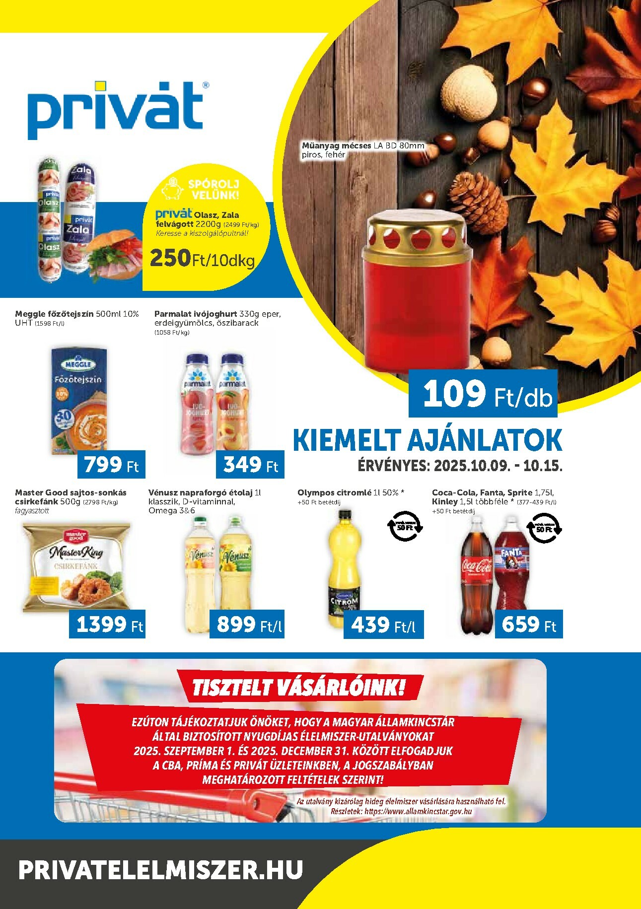 privat-elelmiszer - Privát - Bács-Kiskun, Békés, Csongrád-Csanád, Tolna, Baranya, Somogy vármegye akciós újság, érvényes 10.09. - 10.15. - page: 1