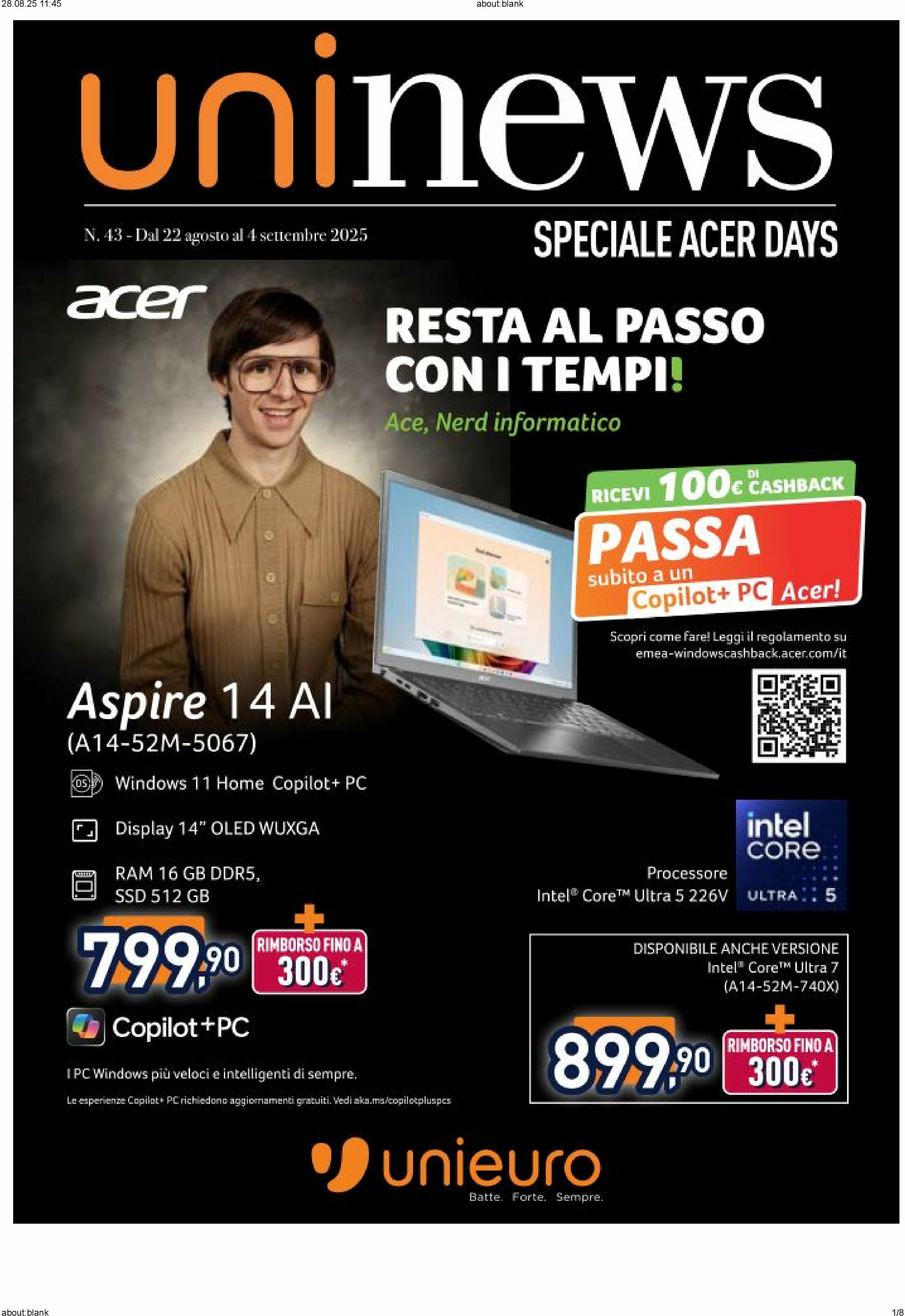 unieuro - Volantino Unieuro - Speciale Acer valido dal 22/08 al 04/09