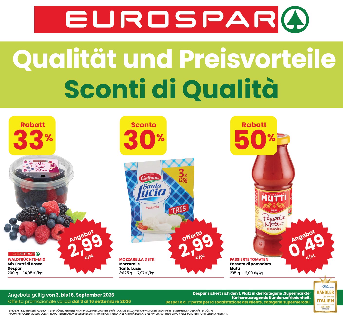 eurospar - Volantino attuale di Eurospar valido dal giovedì 03/09/2026 al mercoledì 16/09/2026 - page: 1