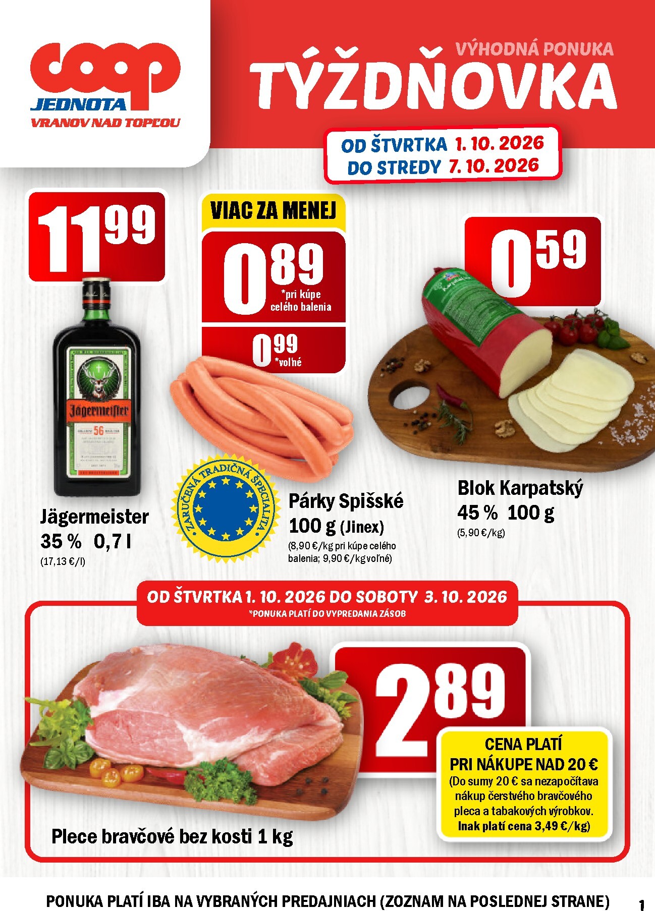 coop-jednota - Aktuálny COOP Jednota - Vranov nad Topľou leták od štvrtka, 01.10.2026 do stredy, 07.10.2026 - page: 1