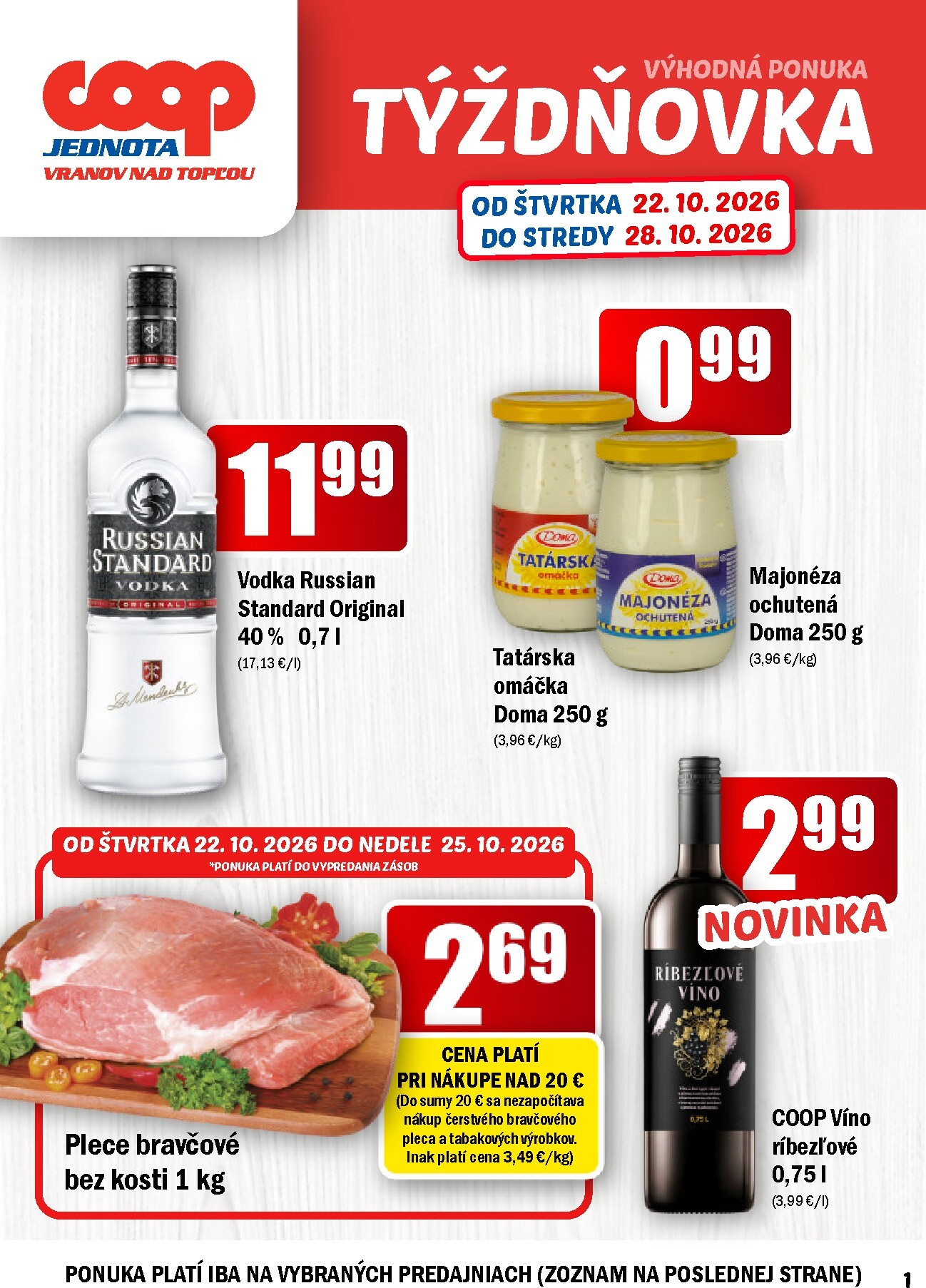 coop-jednota - Aktuálny COOP Jednota - Vranov nad Topľou leták od štvrtka, 22.10.2026 do stredy, 28.10.2026 - page: 1